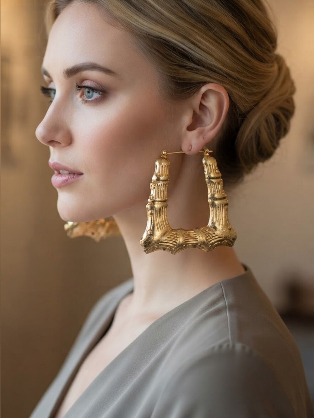 Gold Bamboo-Style Statement Hoop Earrings - Women Jewelry 7cm